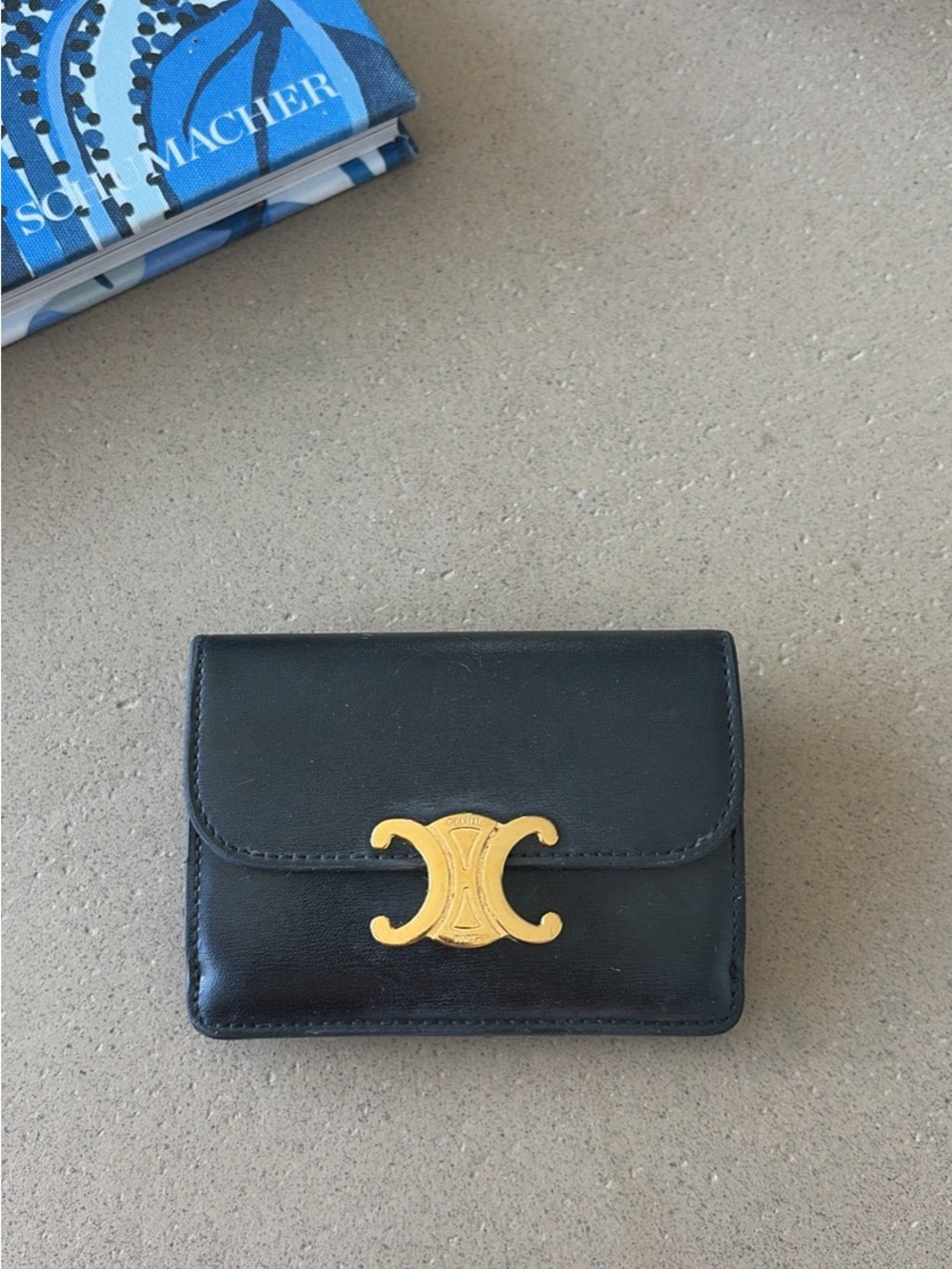 Celine Black Leather Triomphe Clasp Wallet with Gold Accent